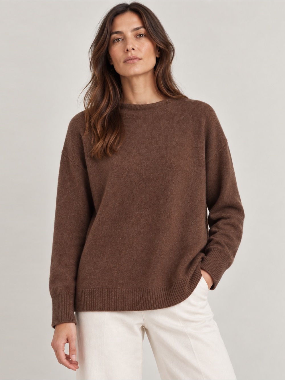 Lands’ End - 100% Cashmere Relaxed Crewneck Sweater - Heather Brown